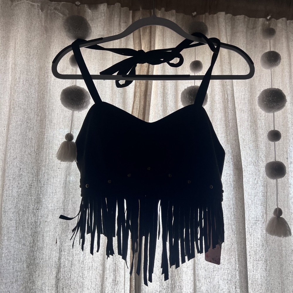 Shein Mod- Black Fringe Hatler Top Size M